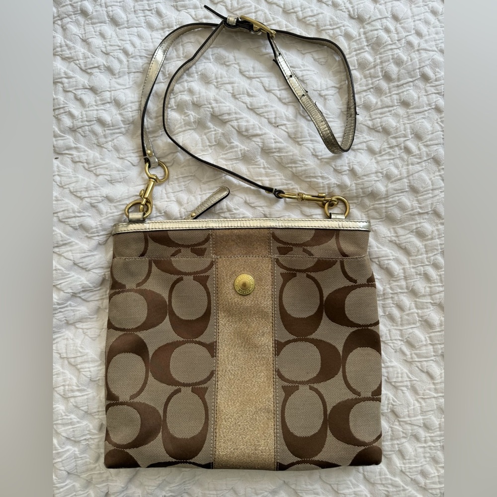 Coach Monogram Crossbody Bag brown tan gold